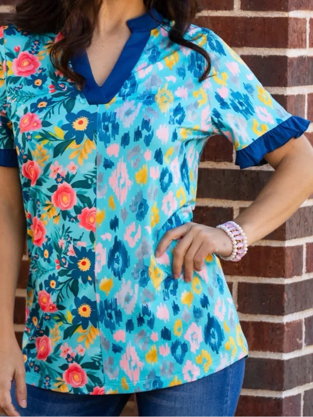 Floral Patchwork V-Neck Top in Aqua Blue - Women XL